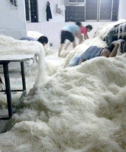 Diese Bilder aus einer chinesischen Nudel-Fabrik sorgen für Aufregung: Im Vordergrund schläft ein Mitarbeiter auf dem Nudel-Berg, im Hintergrund laufen Mitarbeiter barfuß auf den frisch produzierten Lebensmitteln herum.